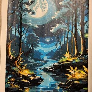 Completed Paint by Number Blue Moonlit Forest on Canvas